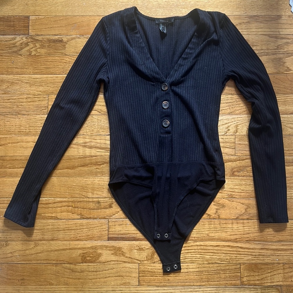 Ribbed Black Buttoned Bodysuit
